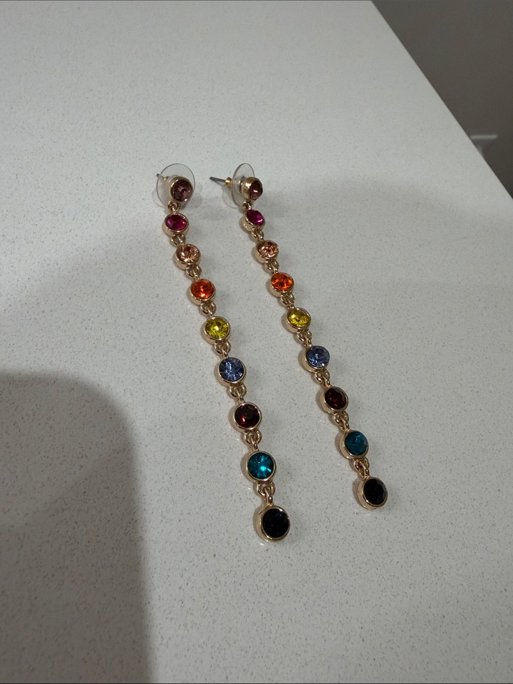 Amber Sceats Rainbow Crystal Long Drop Earrings Gold Multicolor